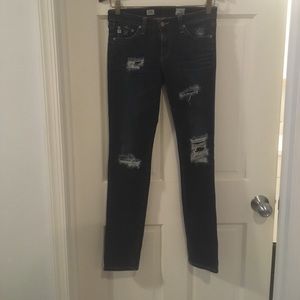 AG slit cigarette leg, destroyed, dark wash